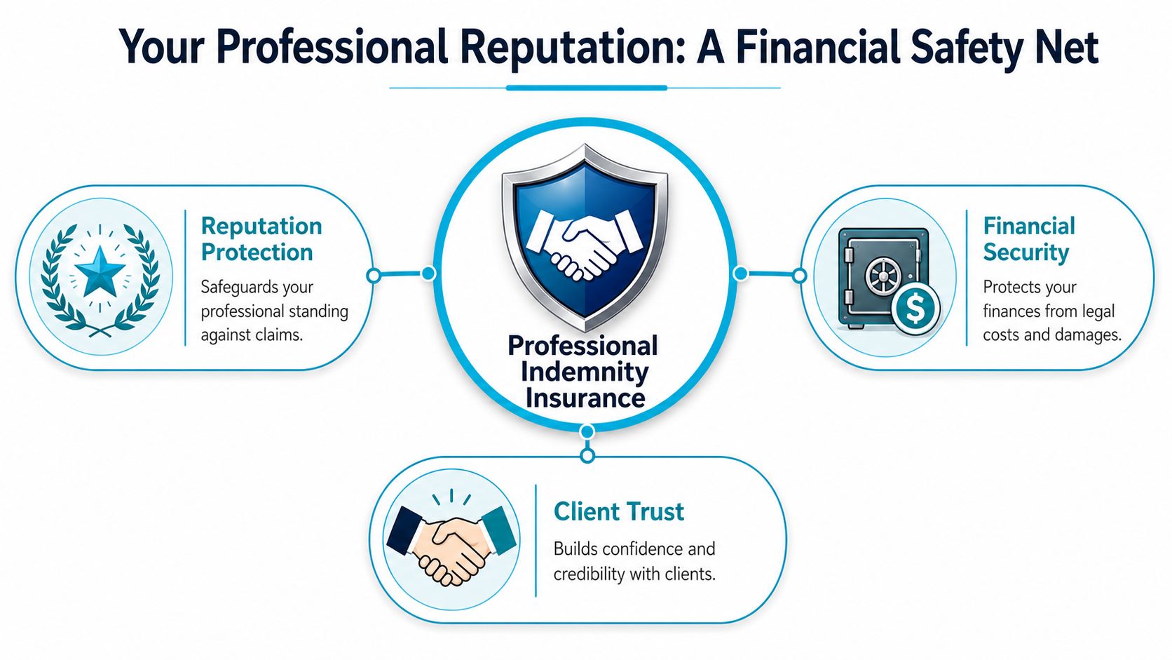 A diagram explaining that professional indemnity insurance provides reputation protection, financial security, and fosters client trust.