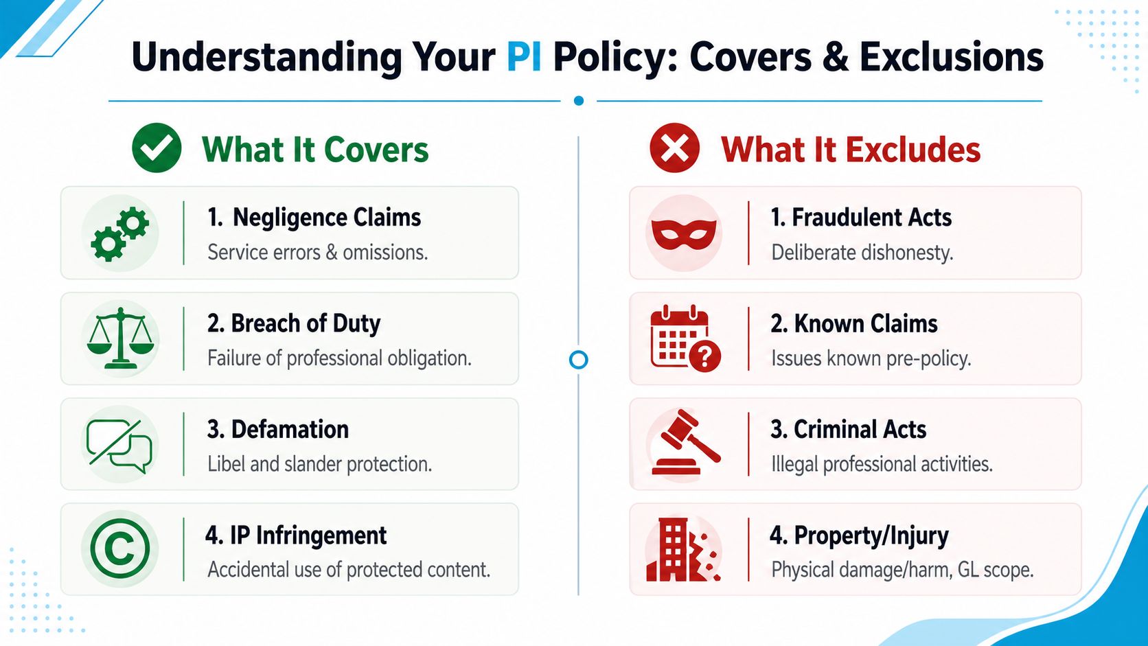 A visual guide summarizing common coverage inclusions and exclusions for professional indemnity insurance policies.