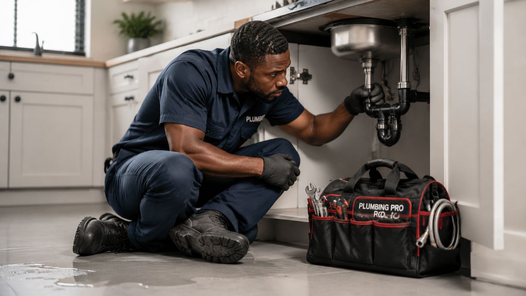 A professional plumber in uniform kneeling under a kitchen sink while repairing the pipe system.