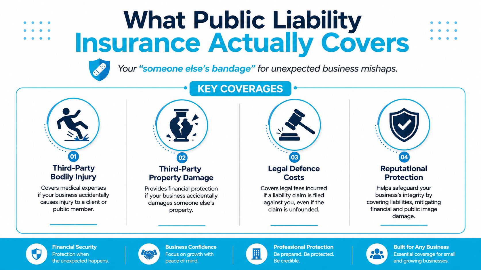 An infographic explaining the key coverage areas of public liability insurance for small and growing businesses.