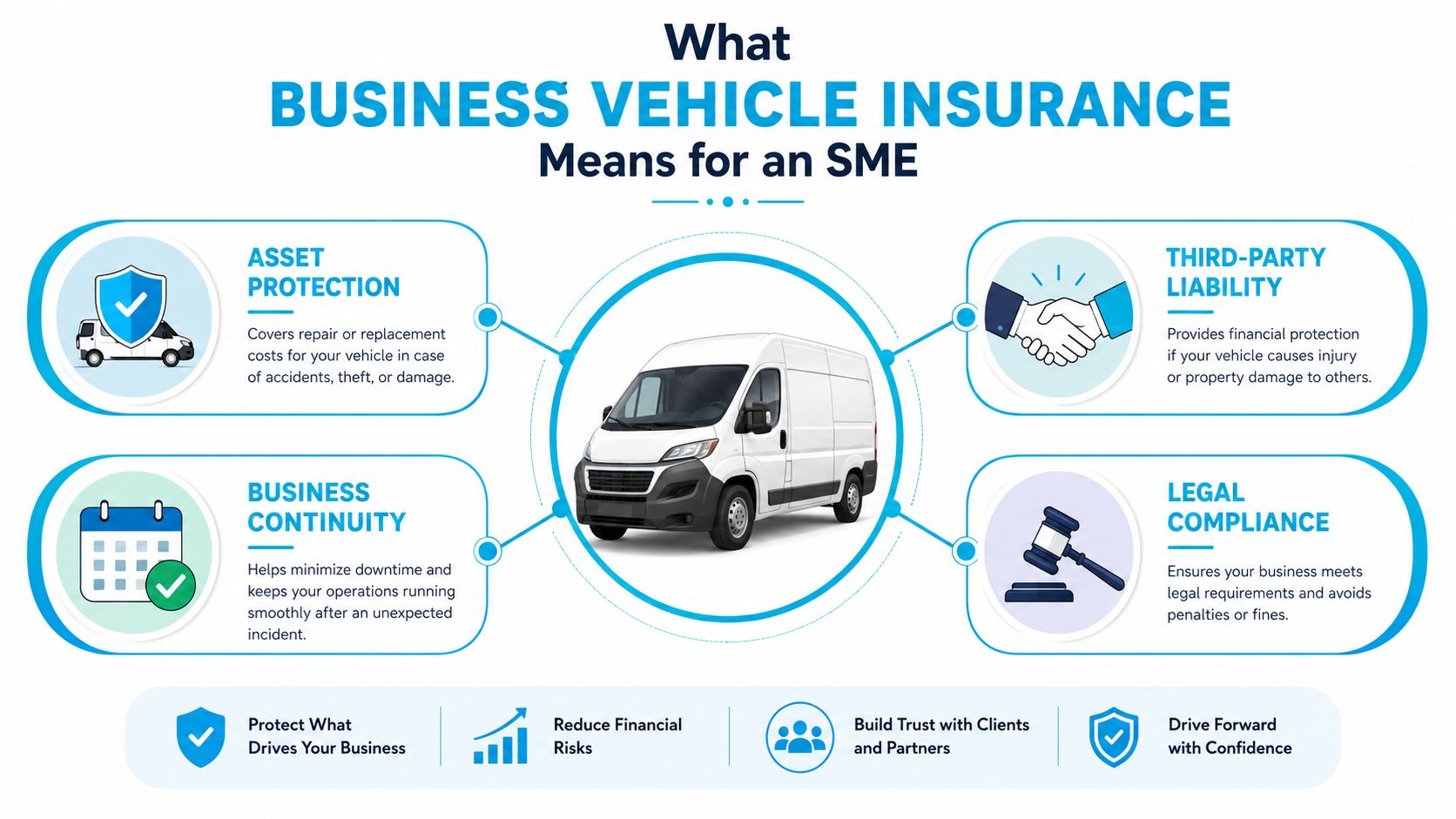 An infographic explaining the benefits of business vehicle insurance for SMEs including asset protection, liability, and compliance.