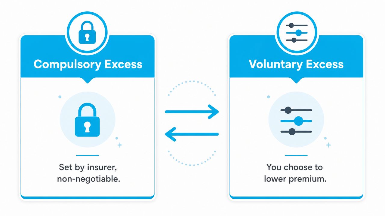 An infographic comparing compulsory excess set by an insurer against voluntary excess chosen to lower premiums.