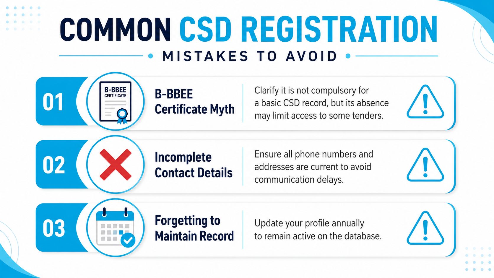 An infographic titled Common CSD Registration Mistakes to Avoid, outlining three key errors for business registration.